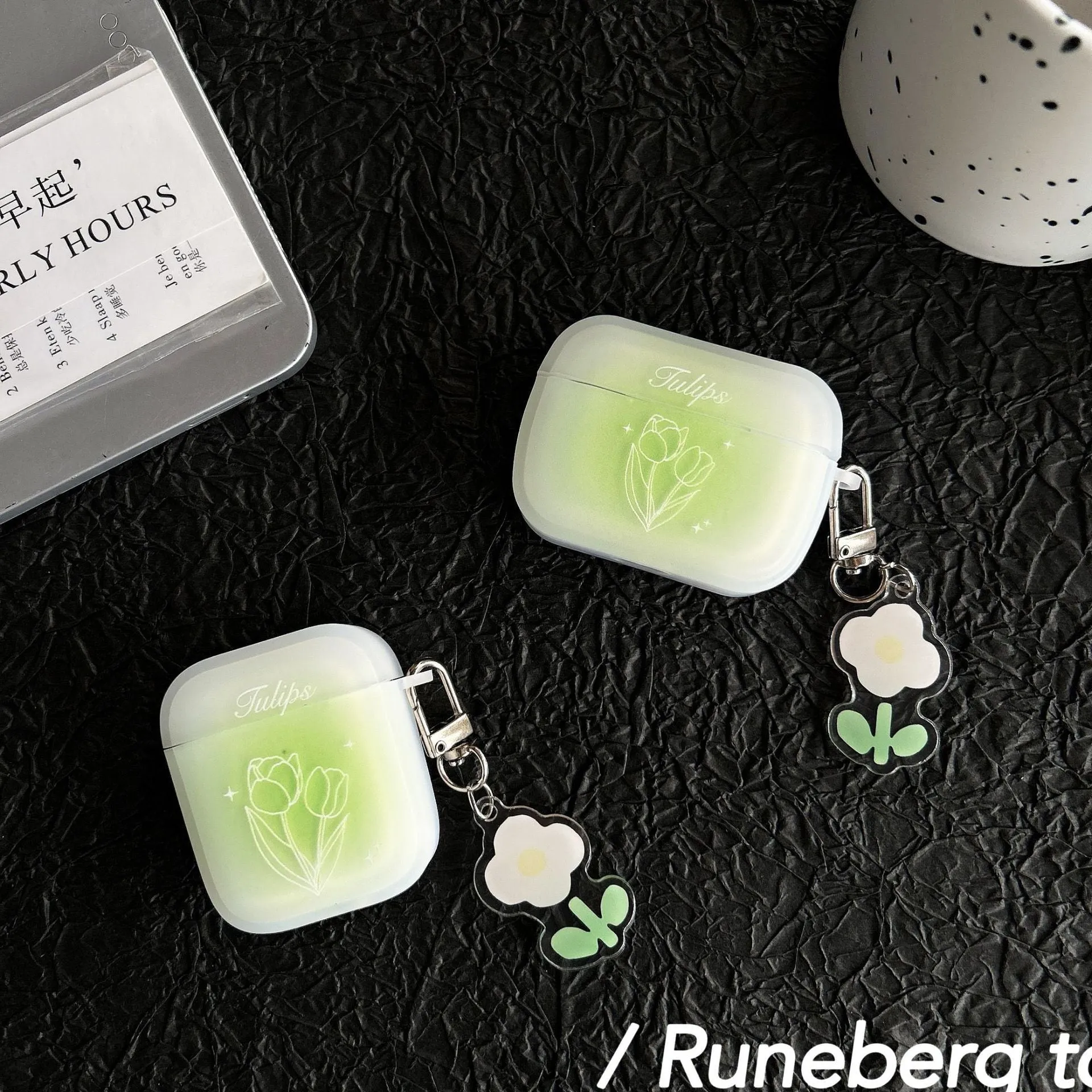 Transparent green tulip embossed TPU earphone cover for Apple AirPods case