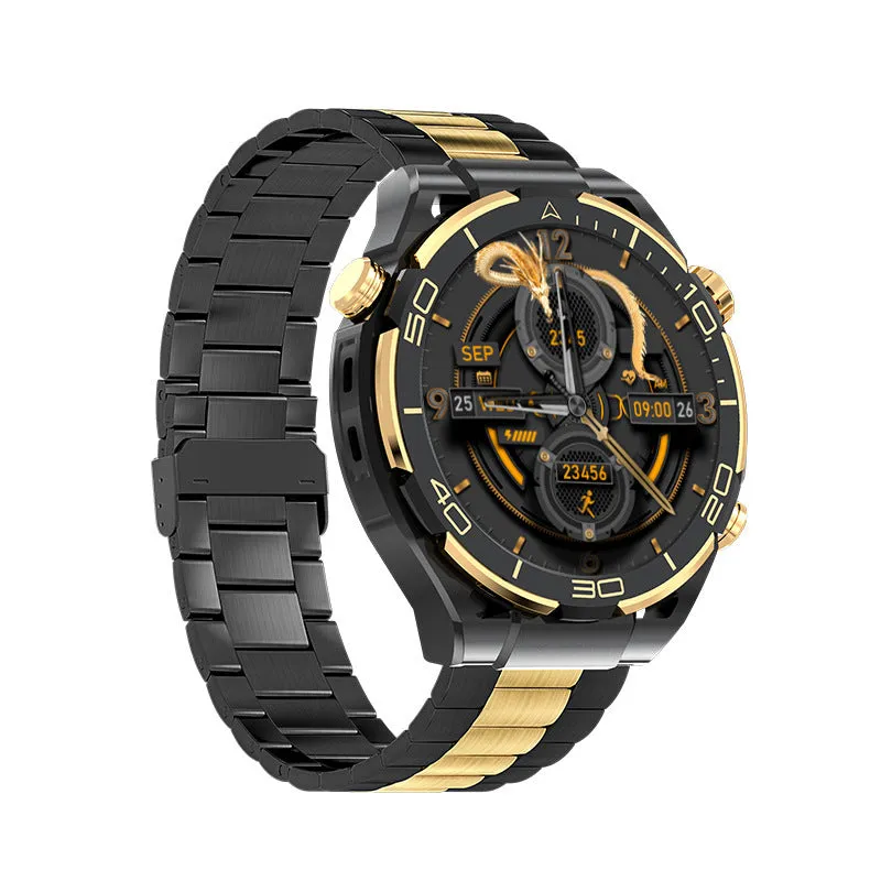 Black smart watch with TFT display, silicone and leather straps, featuring health monitoring and NFC function