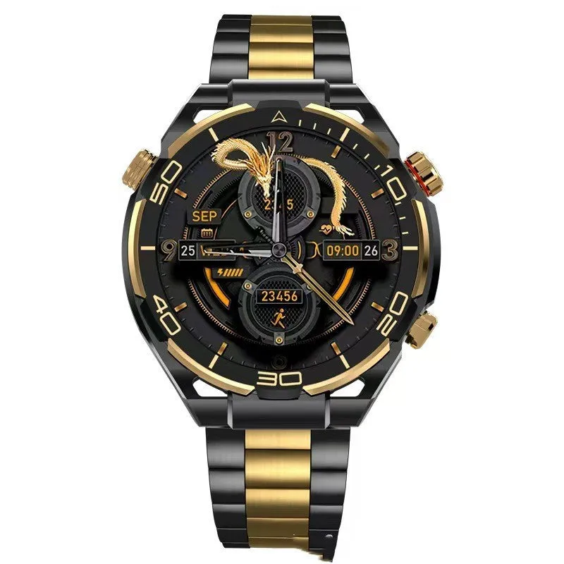 Black smart watch with TFT display, silicone and leather straps, featuring health monitoring and NFC function