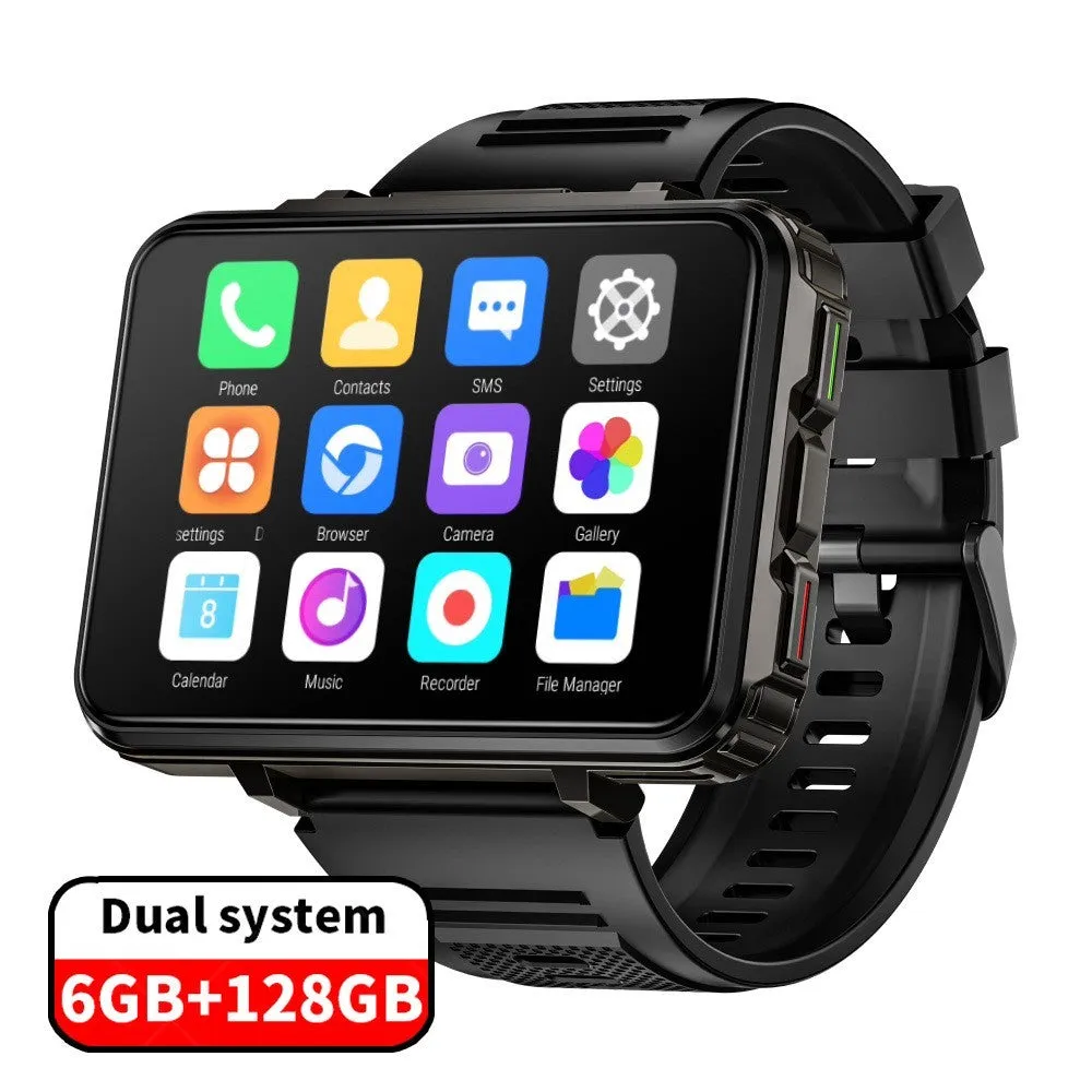 Black 4G Android smart watch with large TFT screen and dual camera on display