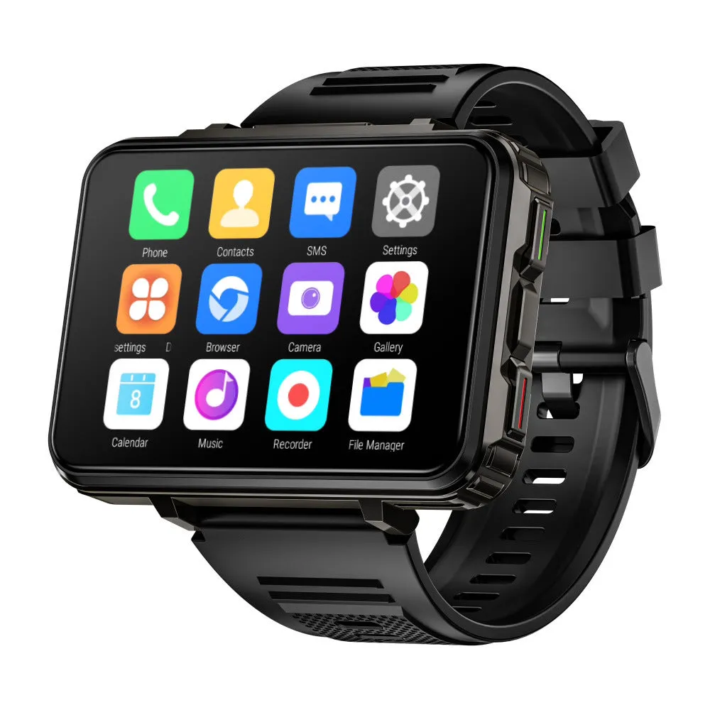 Black 4G Android smart watch with large TFT screen and dual camera on display