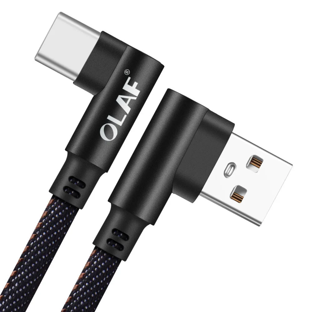 Black USB fast charging cable with denim fabric sheath and aluminium connectors shown at different lengths.