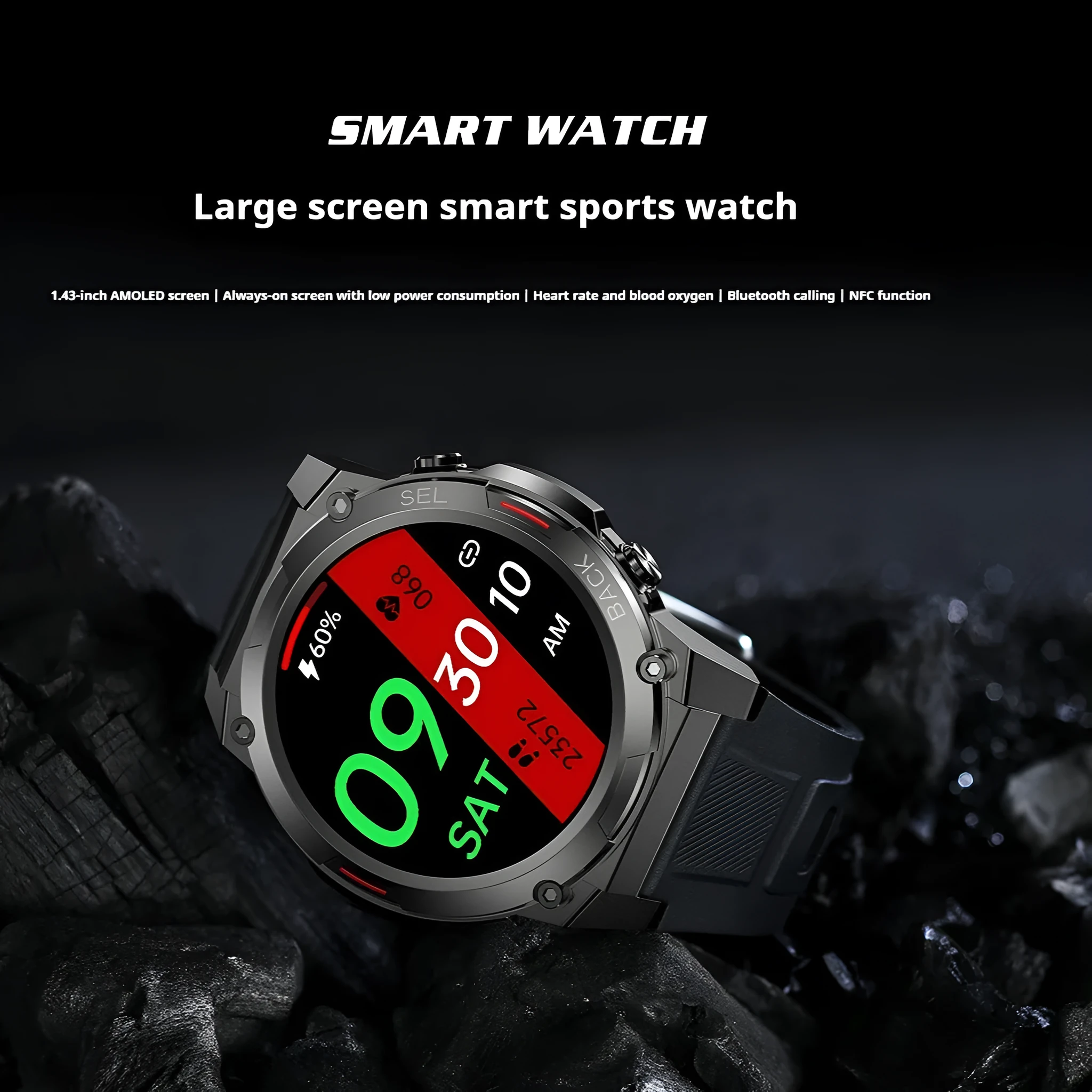 Anti-fall IP68 waterproof NFC smart watch with 143-inch AMOLED screen in black showing health metrics