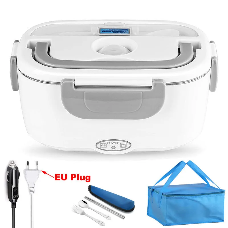 Grey dual-purpose electric lunch box with 1.1-1.2 litre capacity and 40W power for home and car use