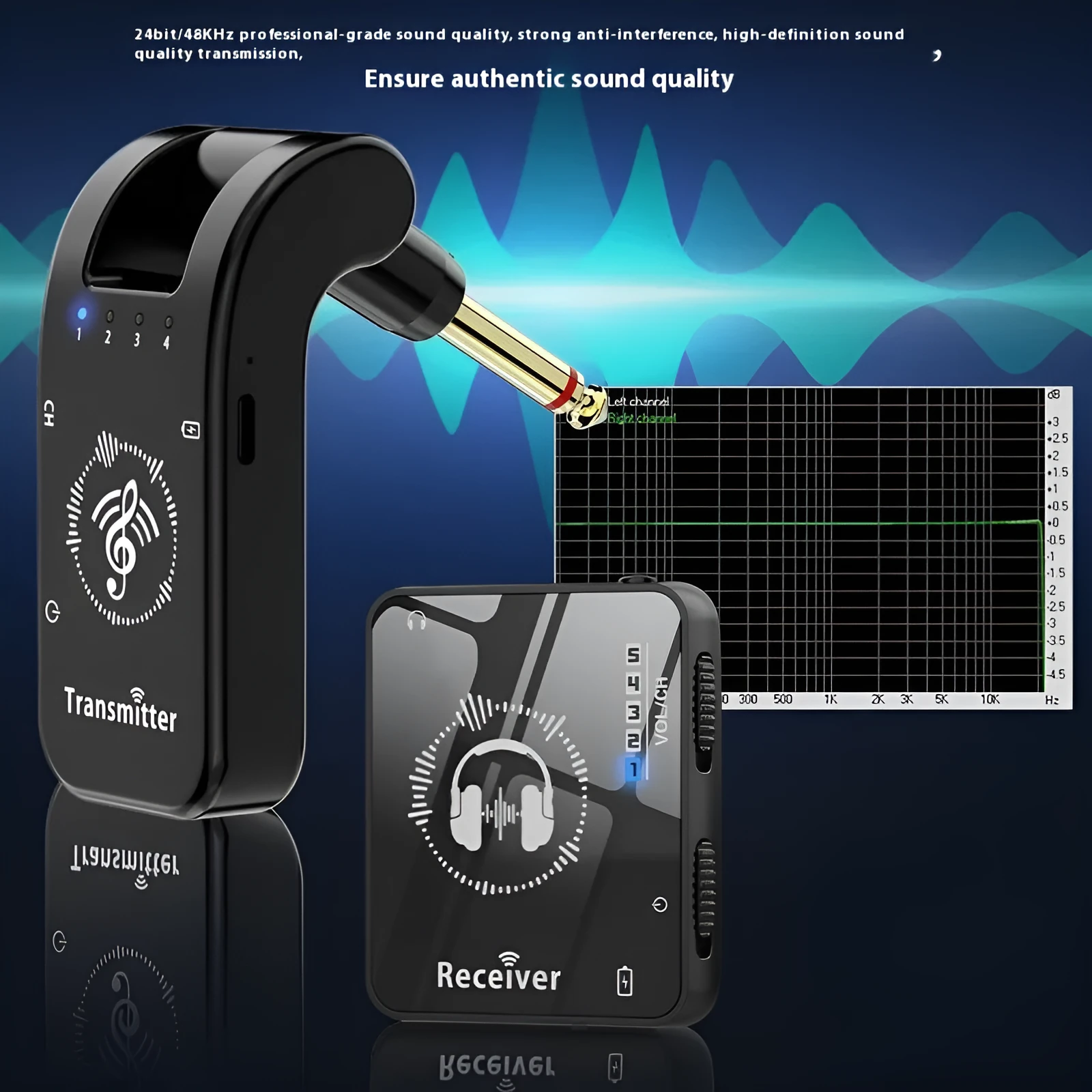 Black ABS earphone monitor transceiver system with transmitter and receiver for musical instruments