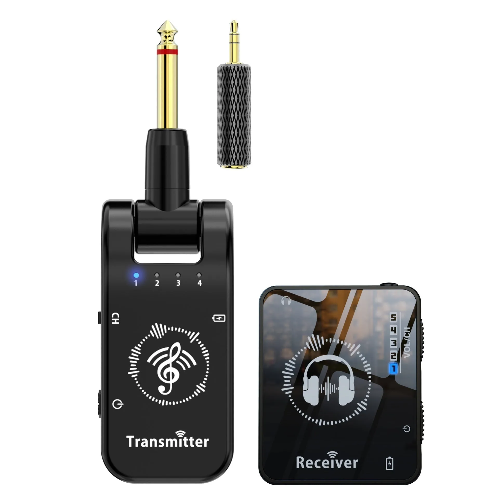 Black ABS earphone monitor transceiver system with transmitter and receiver for musical instruments