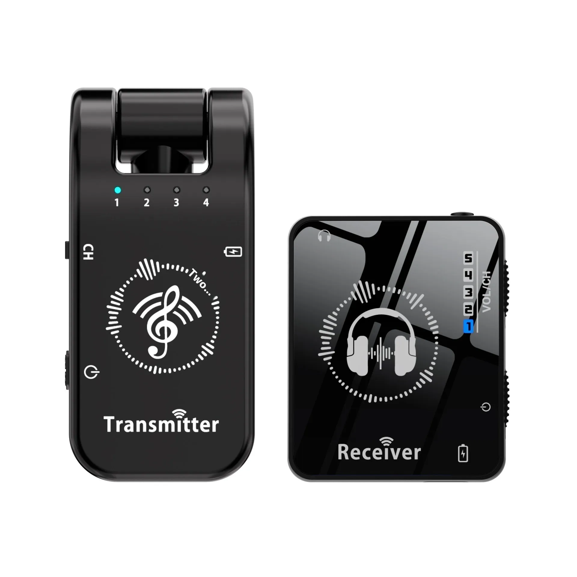 Black ABS earphone monitor transceiver system with transmitter and receiver for musical instruments