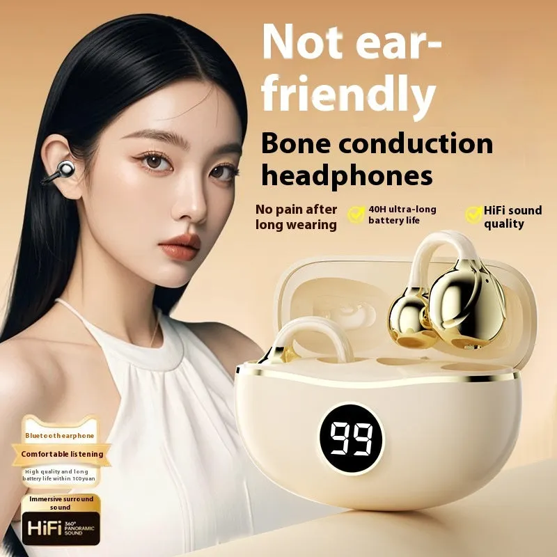 D151 wireless bone conduction headset in black with digital display and blue light, placed on a reflective surface