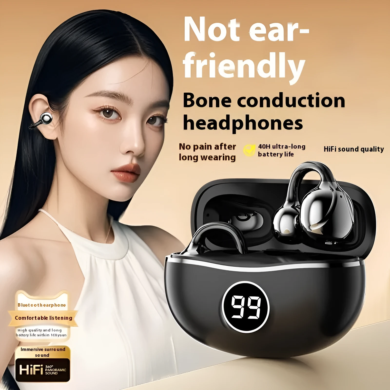 D151 wireless bone conduction headset in black with digital display and blue light, placed on a reflective surface