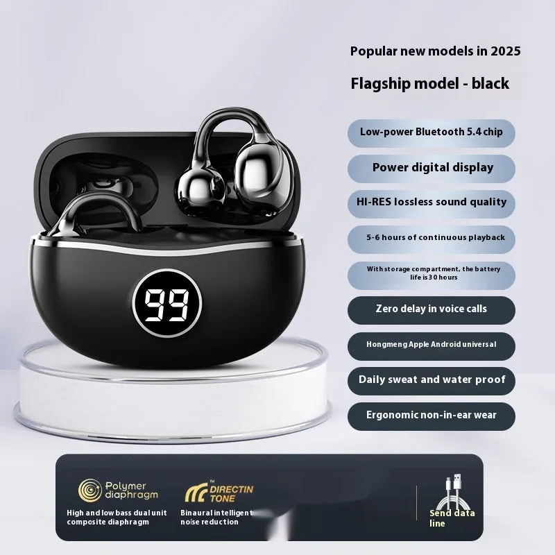 D151 wireless bone conduction headset in black with digital display and blue light, placed on a reflective surface