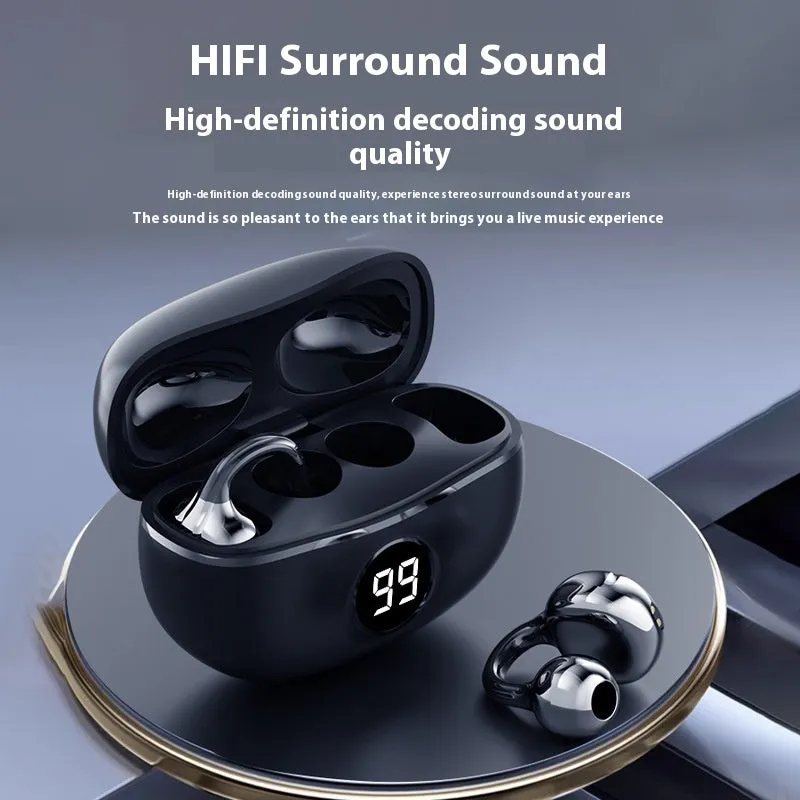 D151 wireless bone conduction headset in black with digital display and blue light, placed on a reflective surface