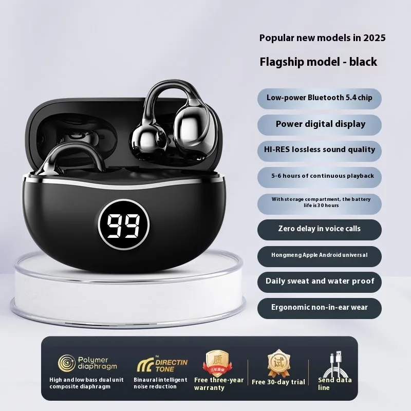 D151 wireless bone conduction headset in black with digital display and blue light, placed on a reflective surface