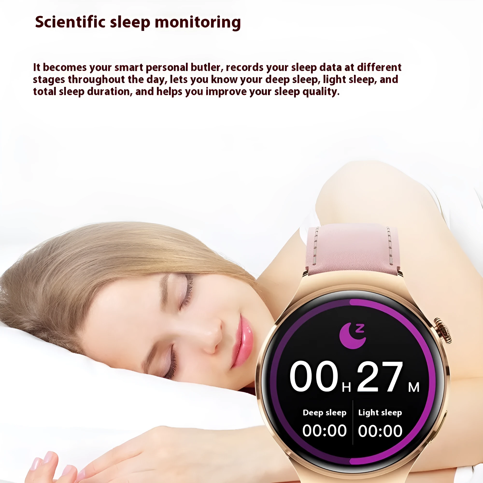 Smart watch with Bluetooth calling women's health tracker gold shell pink silicone strap TFT screen