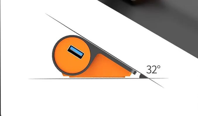 Dark grey and orange aluminium USB 3.1 laptop hub with four ports and separate 100cm cable