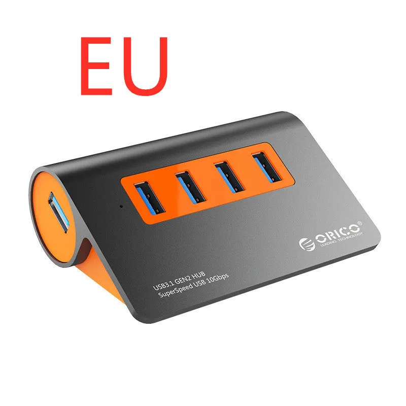 Dark grey and orange aluminium USB 3.1 laptop hub with four ports and separate 100cm cable