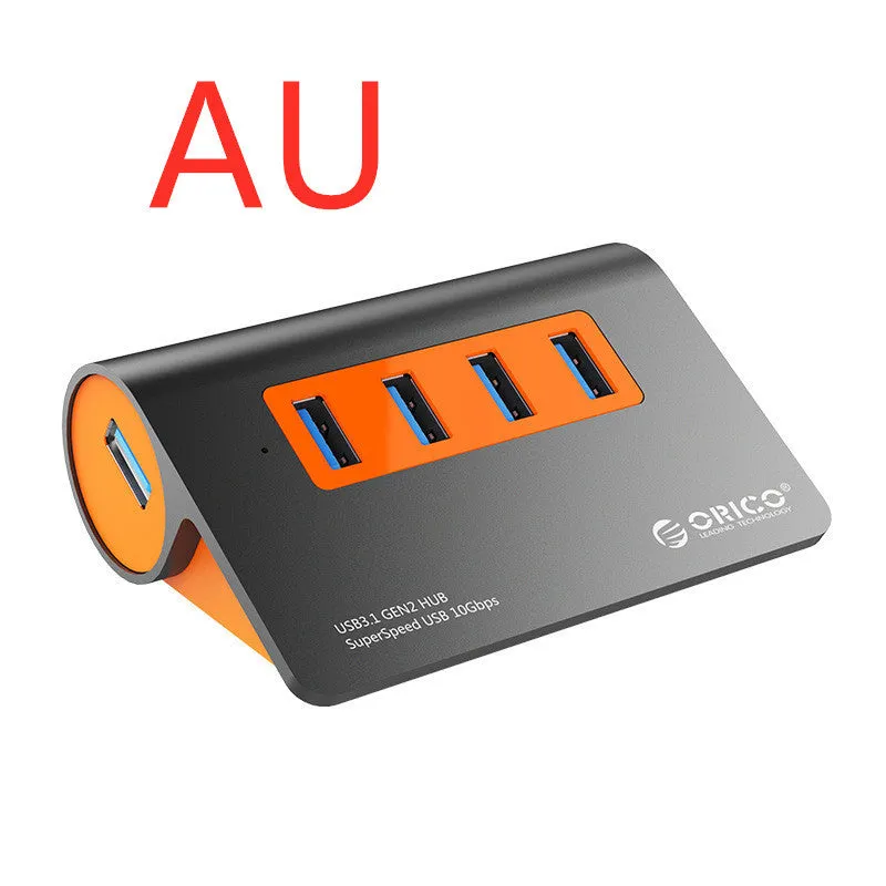 Dark grey and orange aluminium USB 3.1 laptop hub with four ports and separate 100cm cable