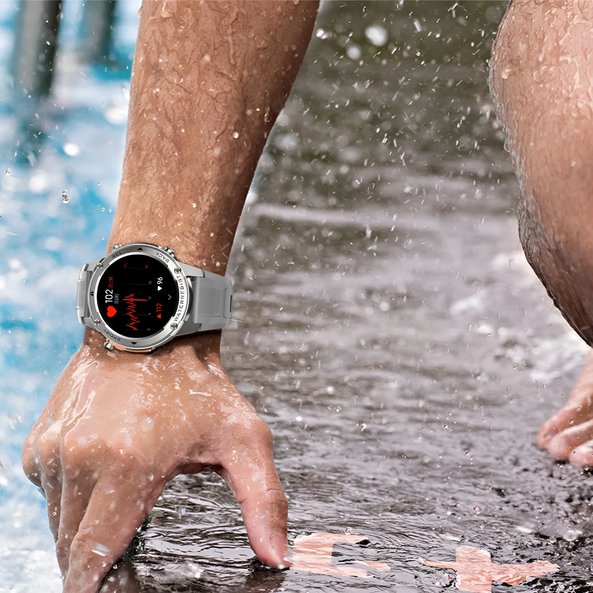 Outdoor Compass 5ATM waterproof smart watch with AMOLED display, black and silver colours, health monitoring features