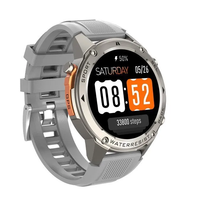 Outdoor Compass 5ATM waterproof smart watch with AMOLED display, black and silver colours, health monitoring features