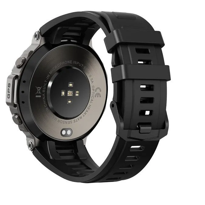 Outdoor Compass 5ATM waterproof smart watch with AMOLED display, black and silver colours, health monitoring features