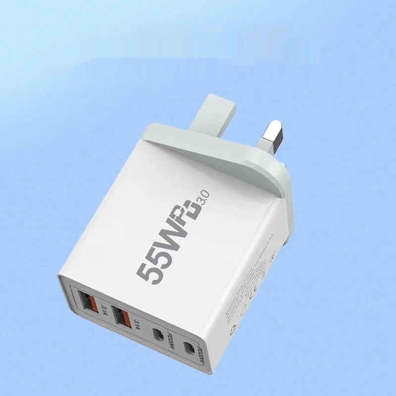 55W multi-port white USB charging plug with Type-C interface on a plain background
