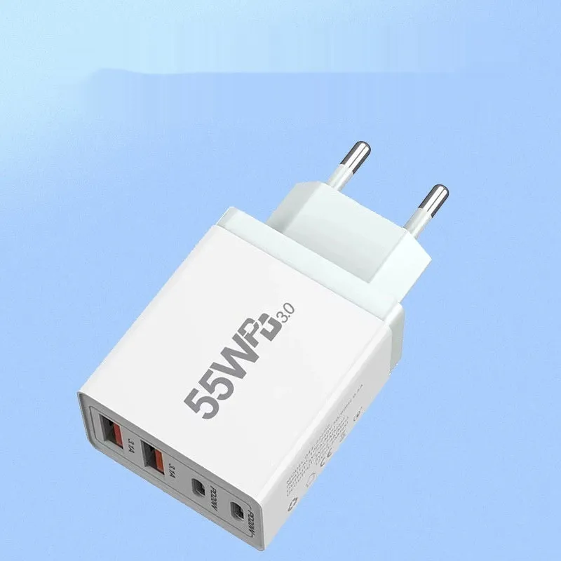 55W multi-port white USB charging plug with Type-C interface on a plain background