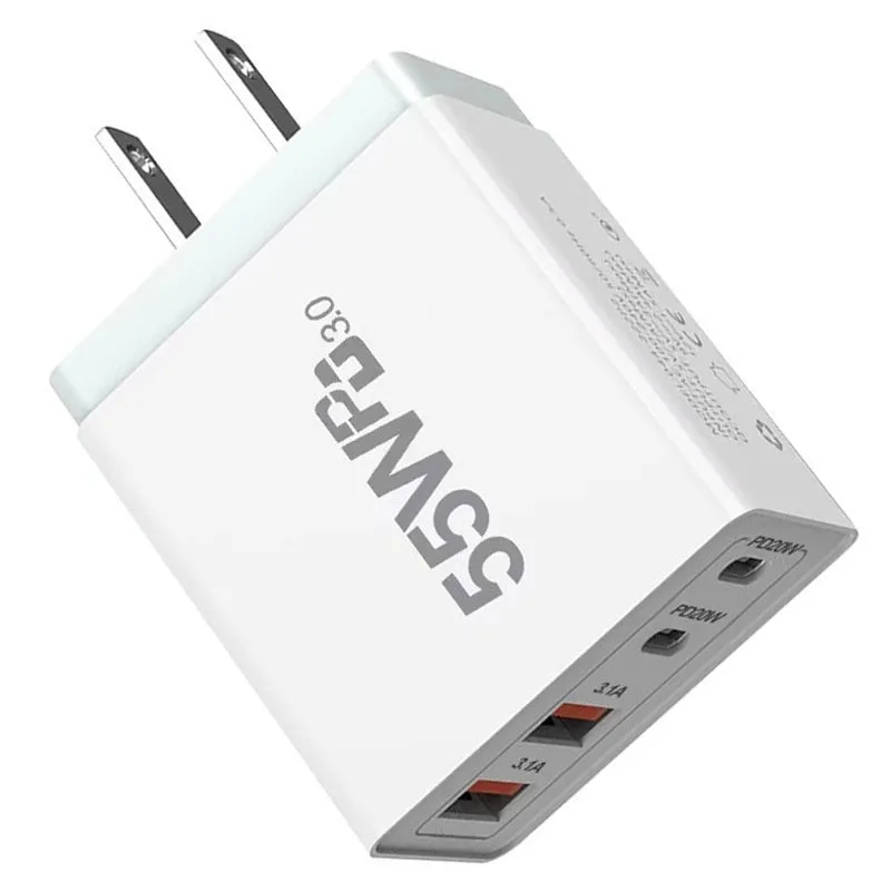 55W multi-port white USB charging plug with Type-C interface on a plain background