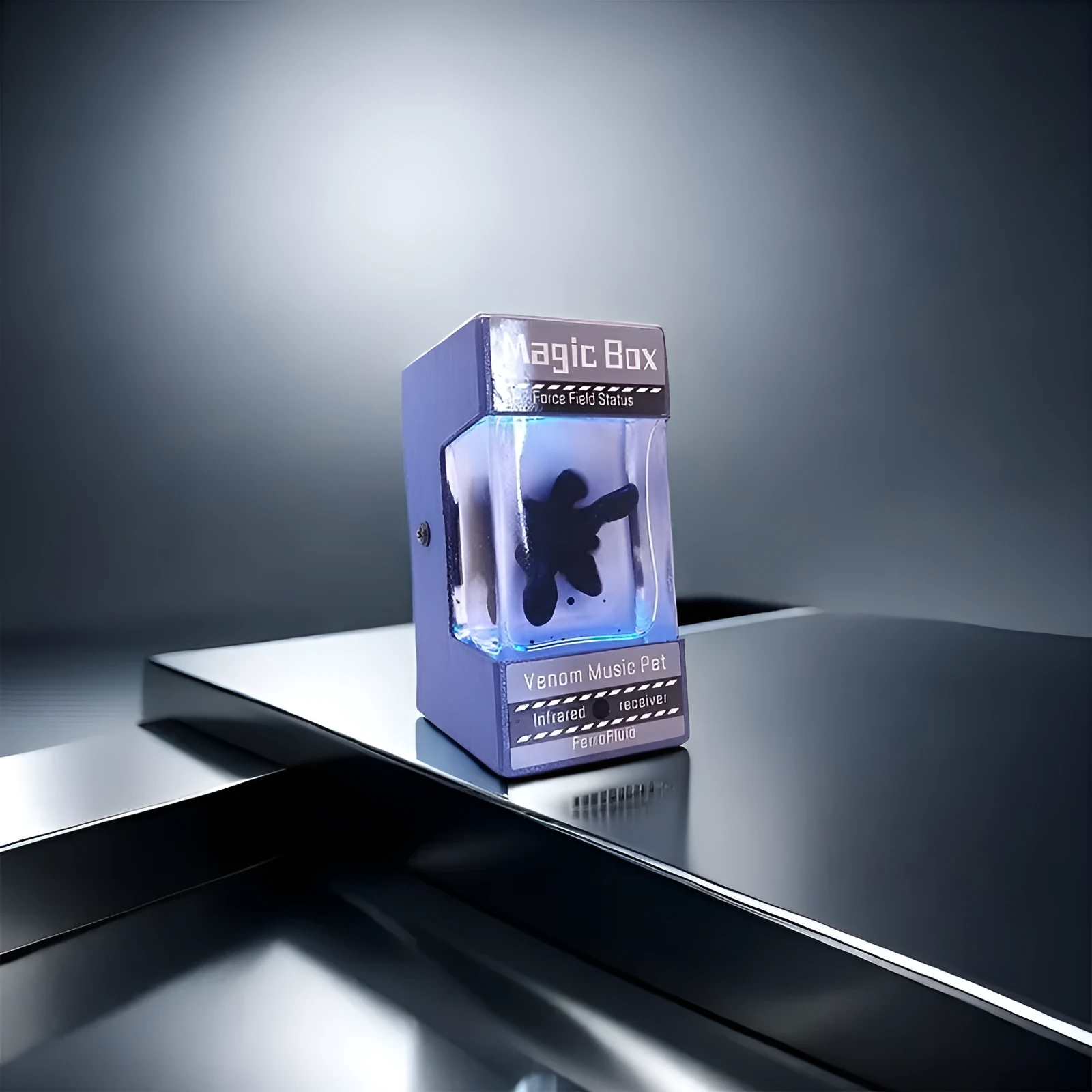 Magnetic fluid music visualisation light with black fluid and white LED, wooden shell, 95x60x63mm