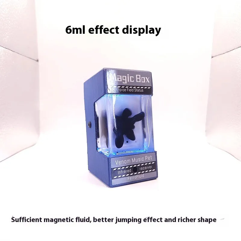 Magnetic fluid music visualisation light with black fluid and white LED, wooden shell, 95x60x63mm