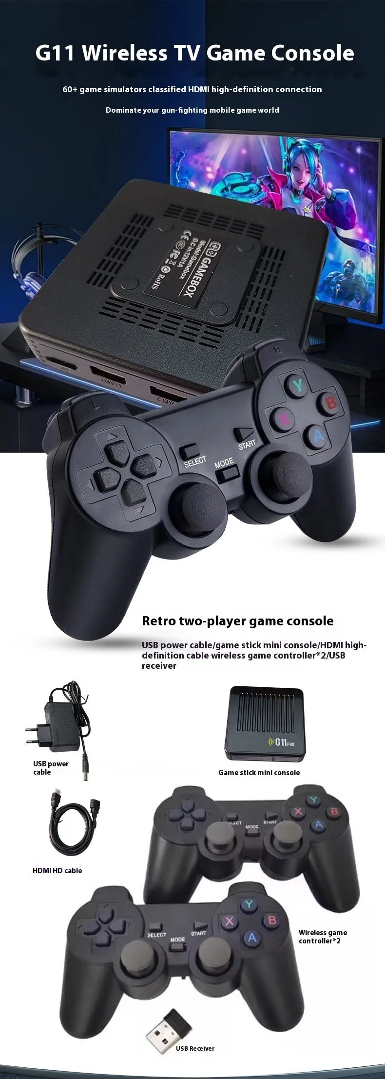 G11 PRO dual system TV set-top box and open source game console in black with HDMI and memory options