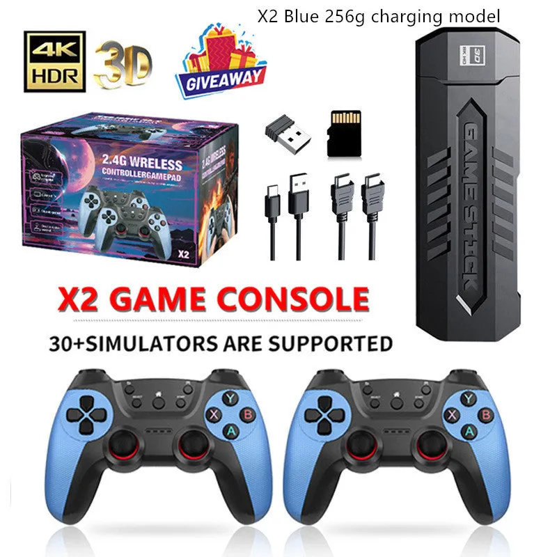 X2 Blue game console with two wireless handles and HDMI cable on a white background
