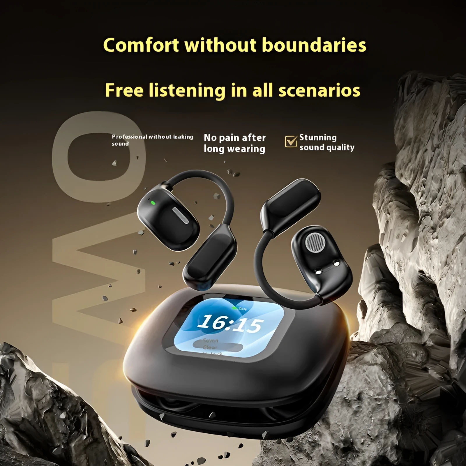 Bluetooth V5.4 open-ear OWS headset with charging case in black, 14g earphone, 15m range