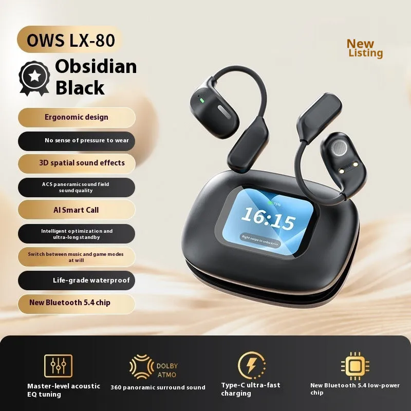 Bluetooth V5.4 open-ear OWS headset with charging case in black, 14g earphone, 15m range