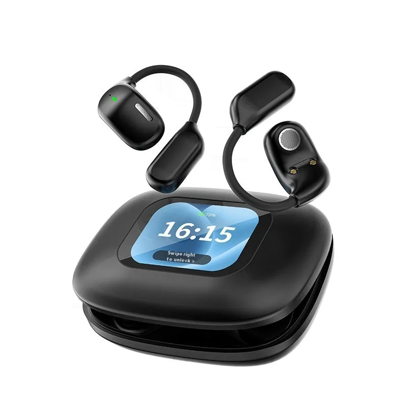 Bluetooth V5.4 open-ear OWS headset with charging case in black, 14g earphone, 15m range
