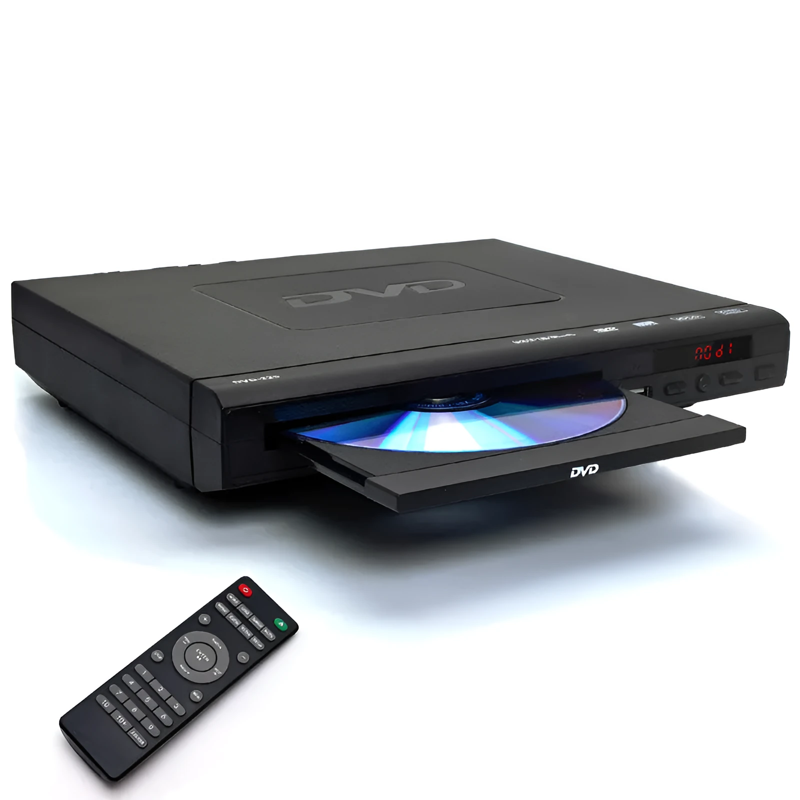 Home DVD Mini HD Player model DVD-225 front view with disc tray and USB port
