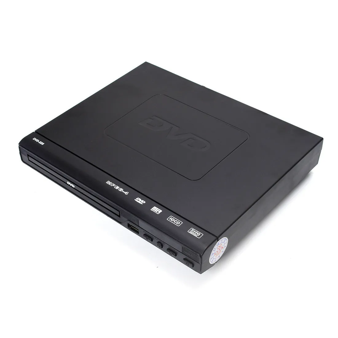 Home DVD Mini HD Player model DVD-225 front view with disc tray and USB port