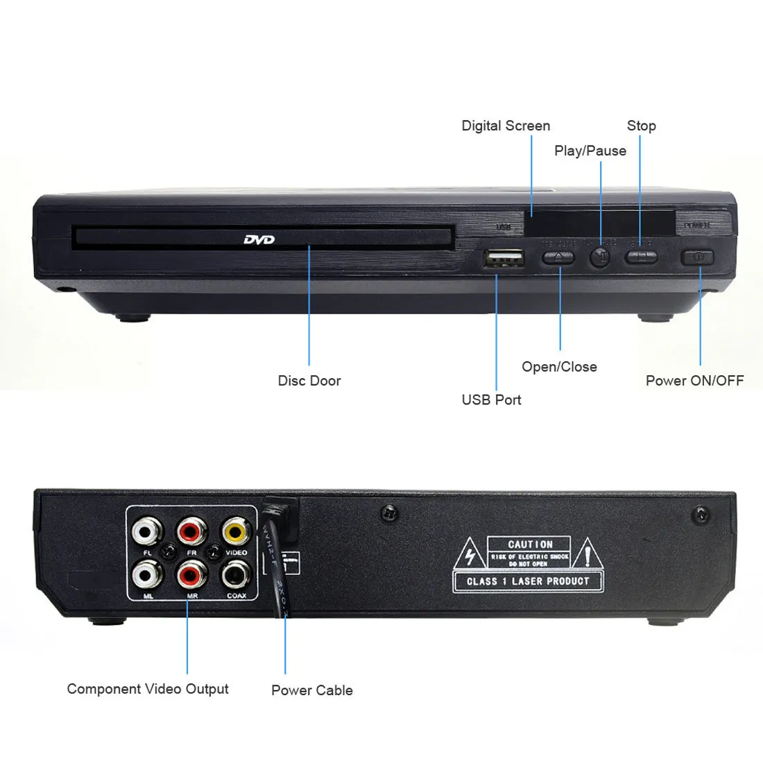 Home DVD Mini HD Player model DVD-225 front view with disc tray and USB port