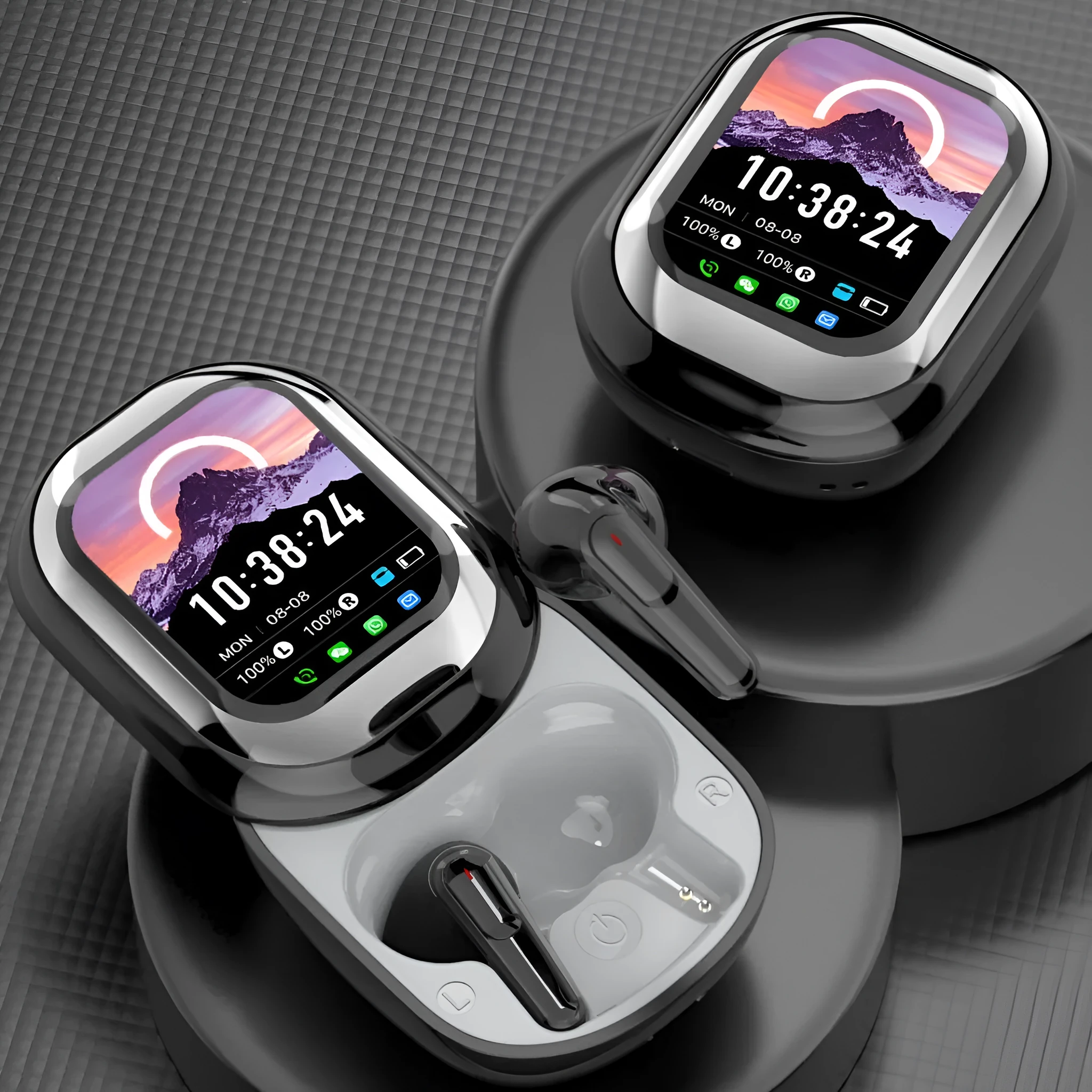 TWS in-ear Bluetooth headset with screen, sports style, ABS material, black or white colour, in-ear fit