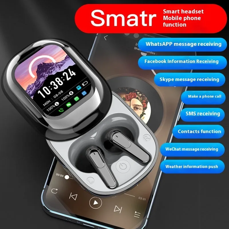 TWS in-ear Bluetooth headset with screen, sports style, ABS material, black or white colour, in-ear fit