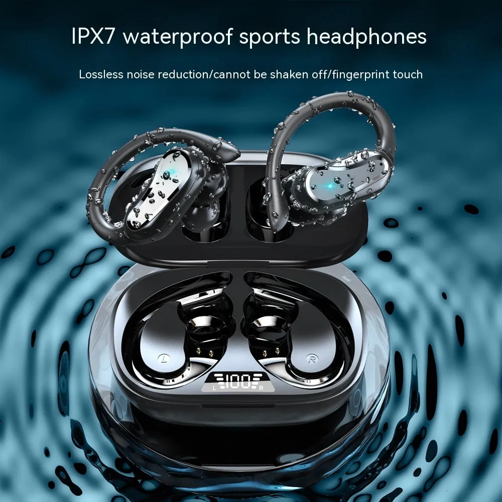 Ear-mounted IPX7 waterproof sports wireless headset with black silicone ear hooks and charging case