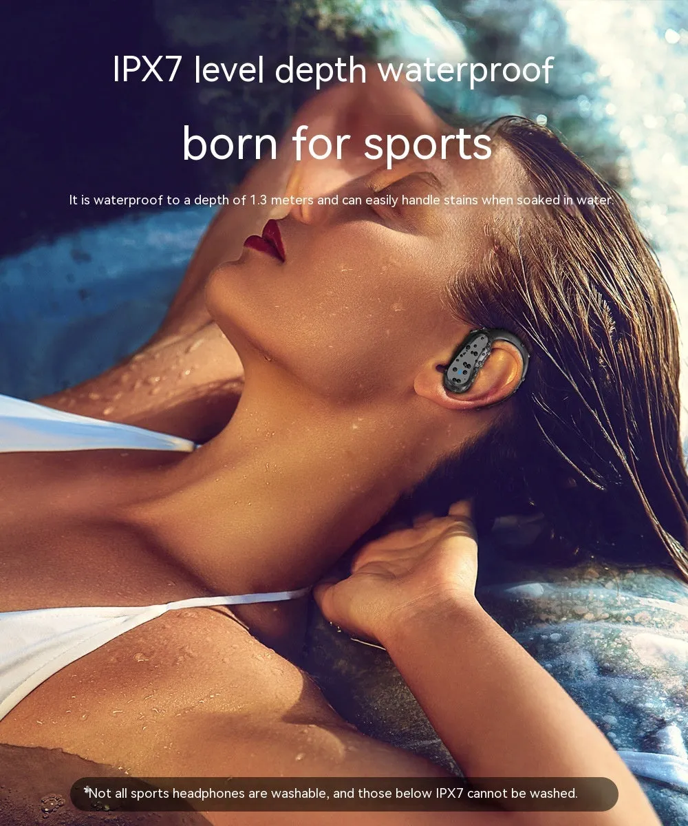 Ear-mounted IPX7 waterproof sports wireless headset with black silicone ear hooks and charging case