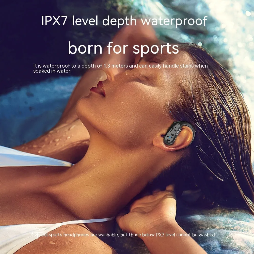 Ear-mounted IPX7 waterproof sports wireless headset with black silicone ear hooks and charging case
