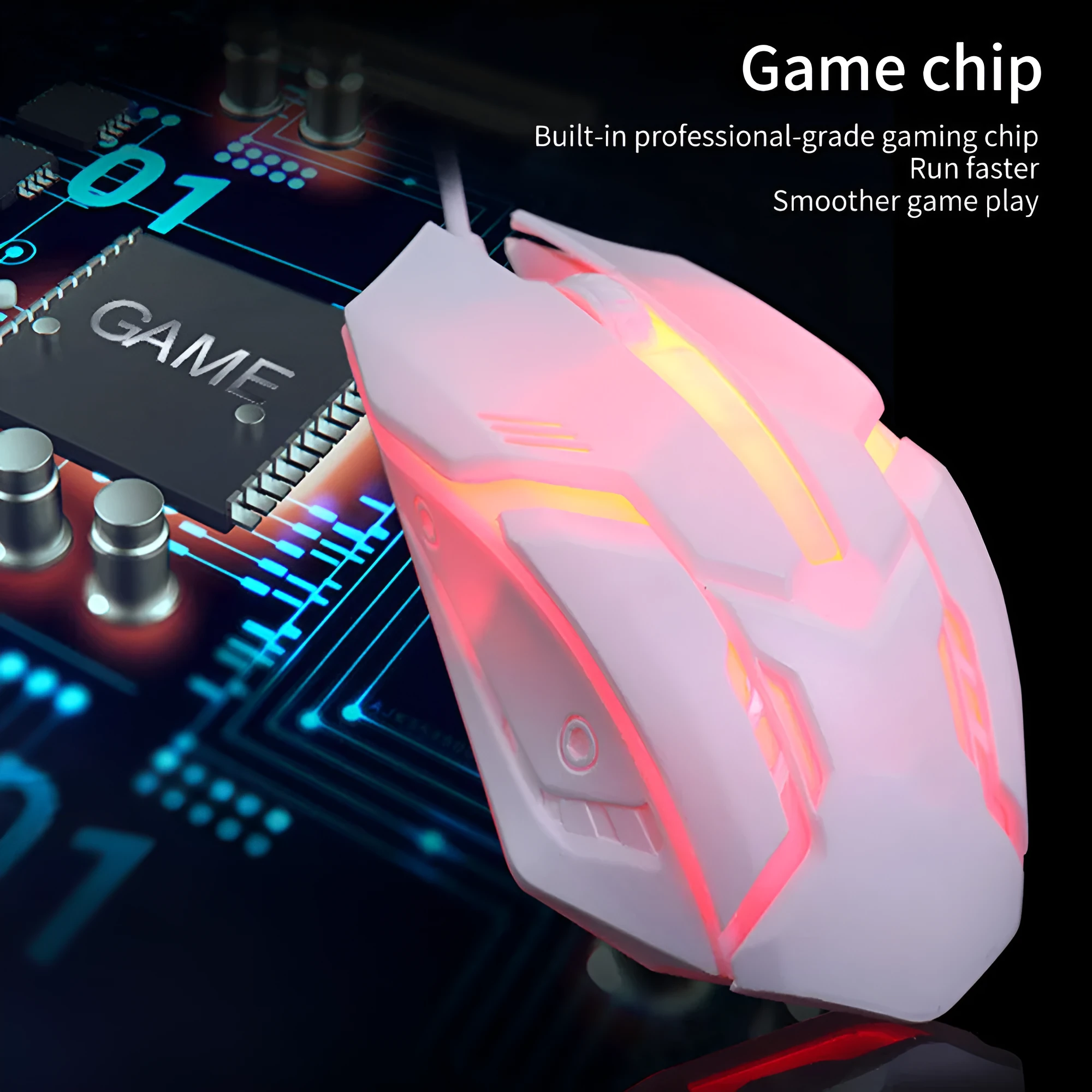 Black wired computer mouse with colourful glow lighting showing USB cable and three buttons