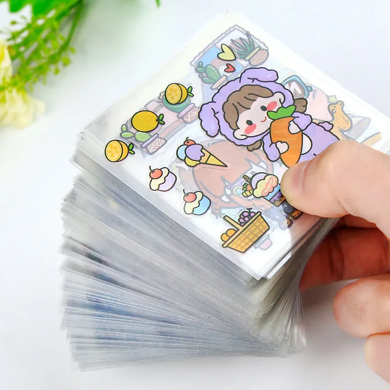 Sheet of 100 non-duplicate PET cartoon journal stickers in 6x6cm size on white background