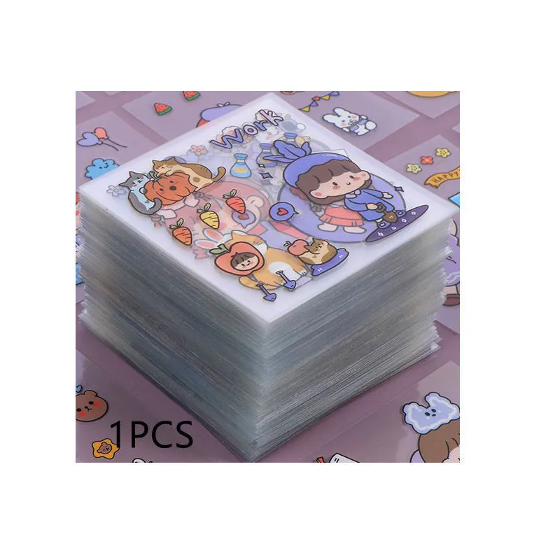 Sheet of 100 non-duplicate PET cartoon journal stickers in 6x6cm size on white background
