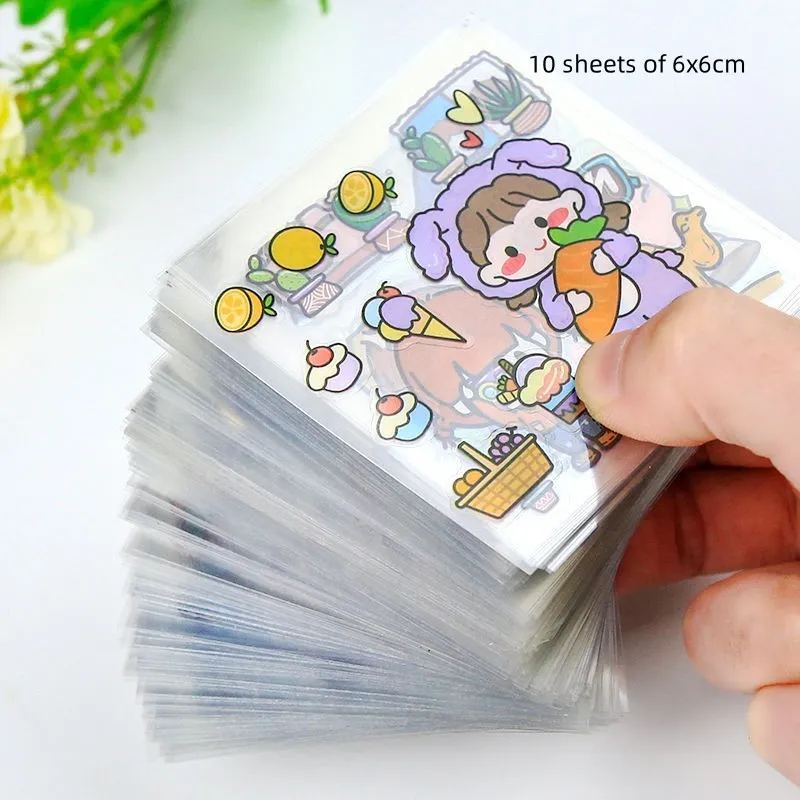 Sheet of 100 non-duplicate PET cartoon journal stickers in 6x6cm size on white background