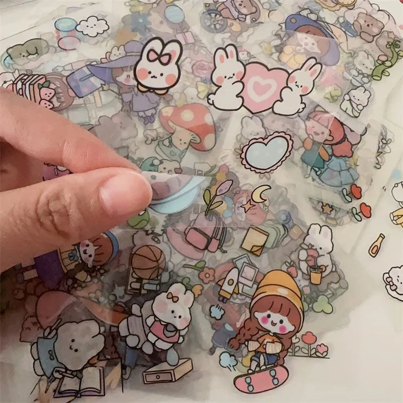 Sheet of 100 non-duplicate PET cartoon journal stickers in 6x6cm size on white background