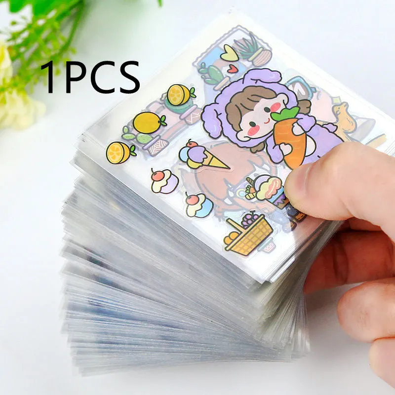 Sheet of 100 non-duplicate PET cartoon journal stickers in 6x6cm size on white background