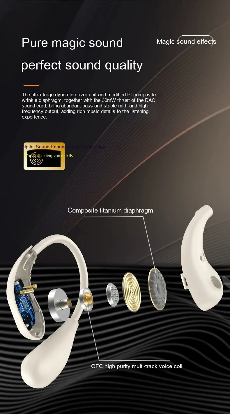 Open Bluetooth bone conduction headset in black with earhook design, Jerry chip, and waterproof build