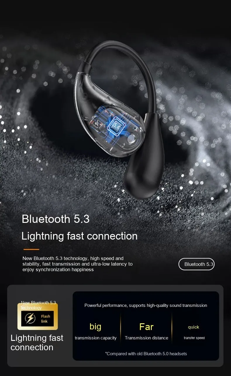 Open Bluetooth bone conduction headset in black with earhook design, Jerry chip, and waterproof build