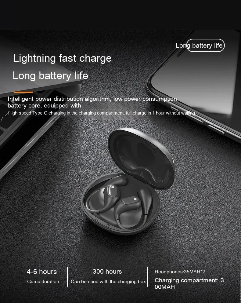 Open Bluetooth bone conduction headset in black with earhook design, Jerry chip, and waterproof build
